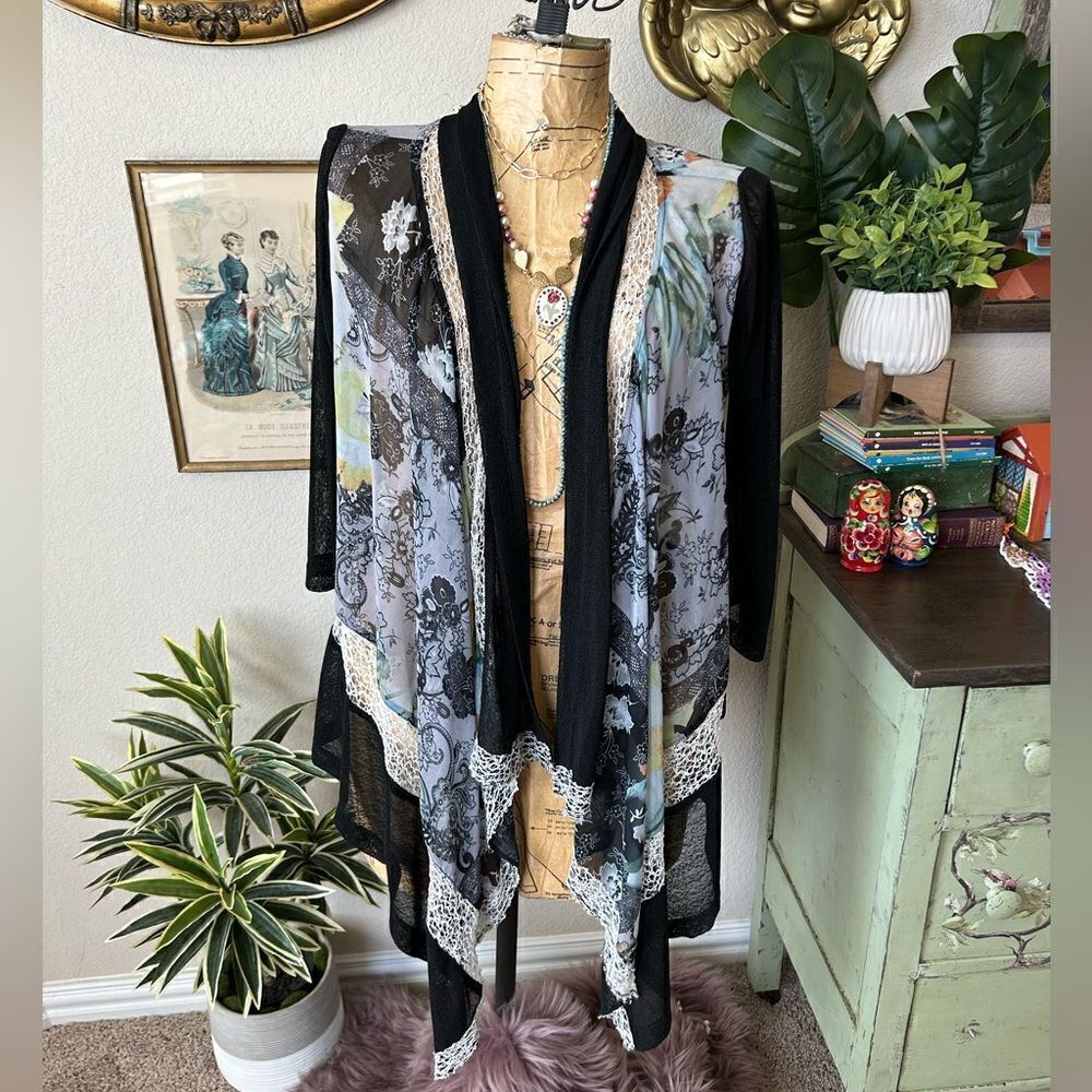 Anis A. Stein Mart Black Colorful Floral Paisley Open Front‎ Drape Cardigan Sz S